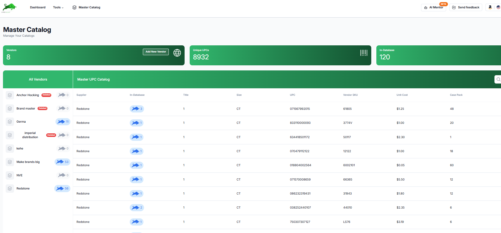Apex Master Catalog dashboard showing vendor catalog and UPC data