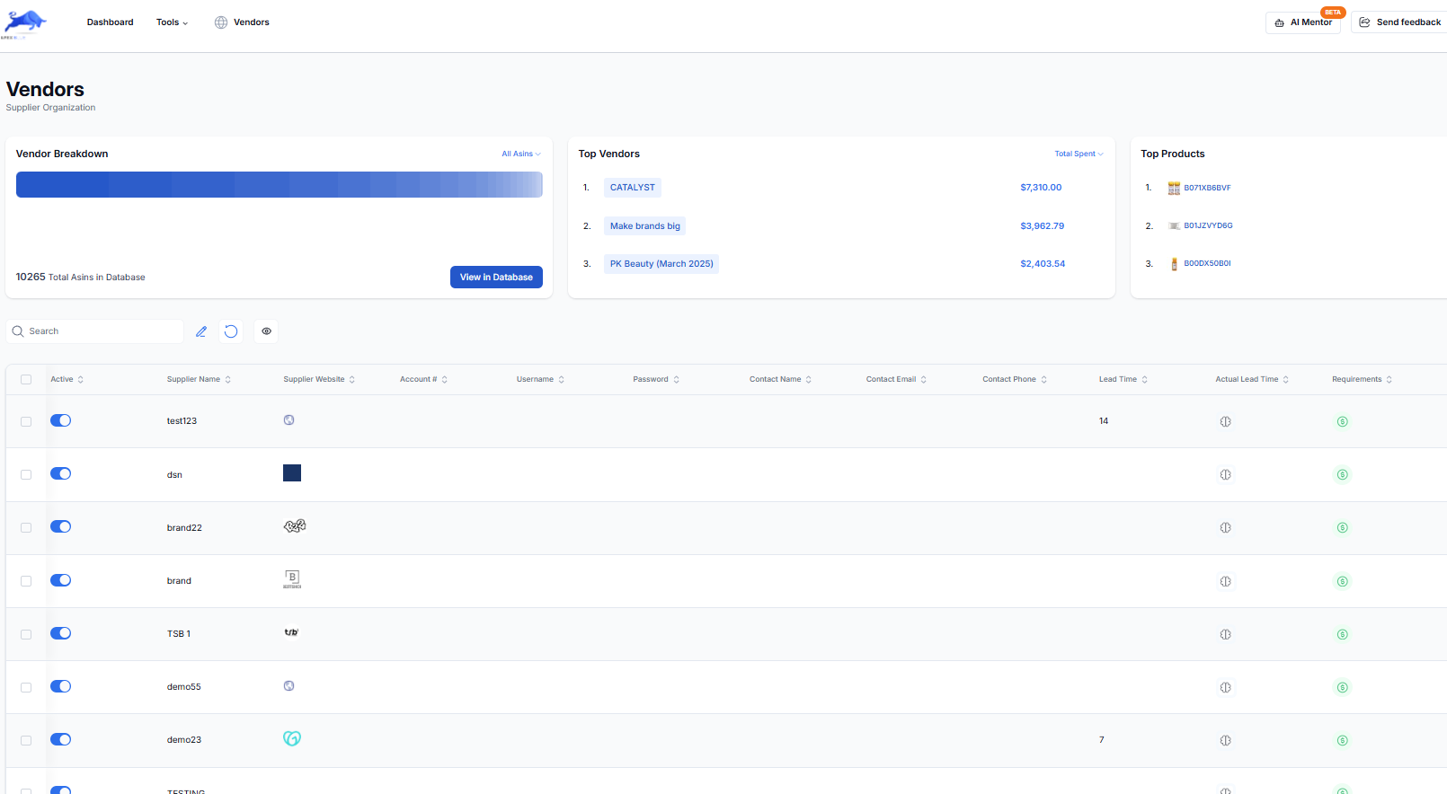Apex Vendors supplier organization dashboard