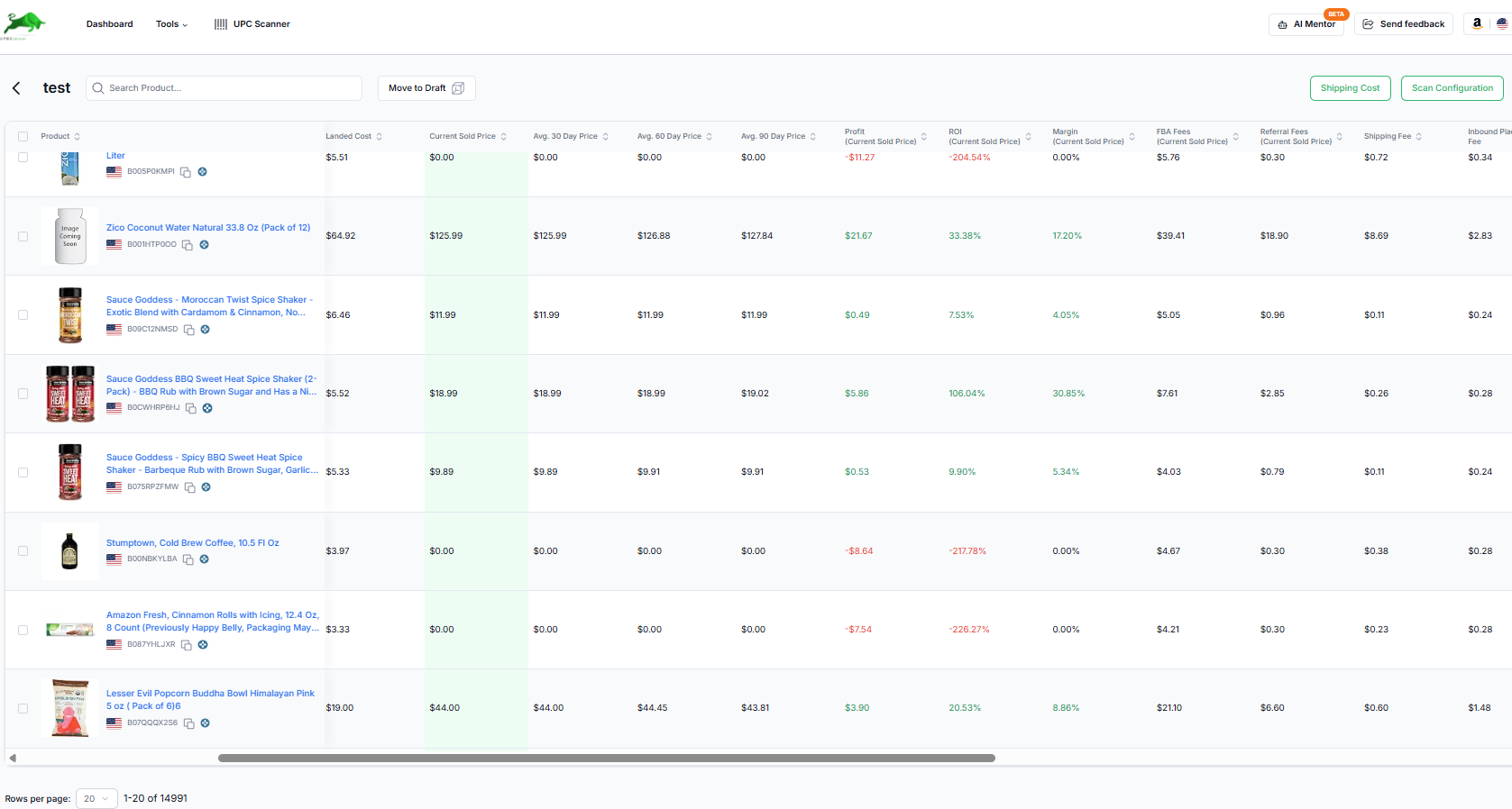 Apex UPC Scanner dashboard showing product scan results with pricing and profitability metrics