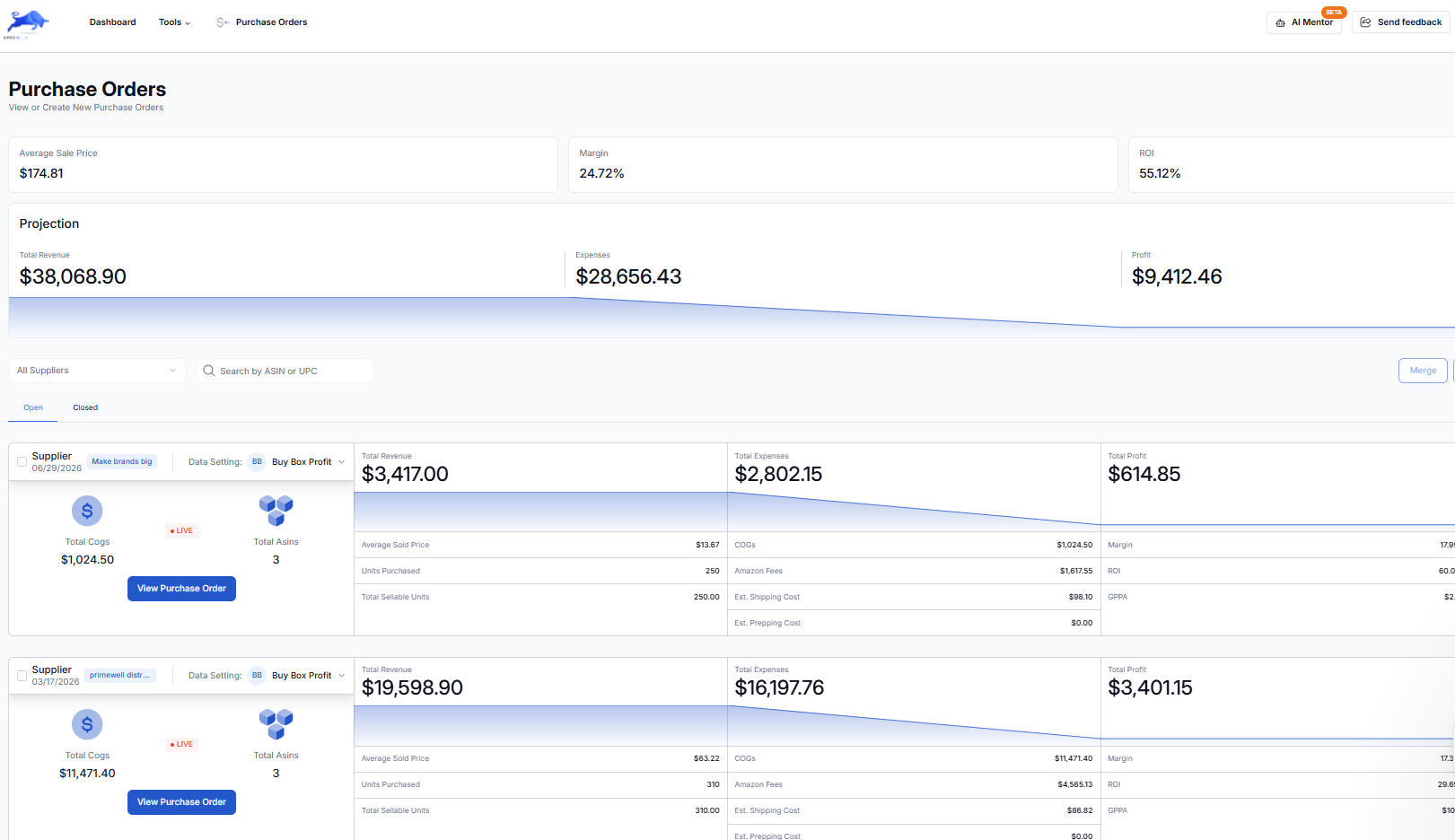 Apex Purchase Order Builder dashboard