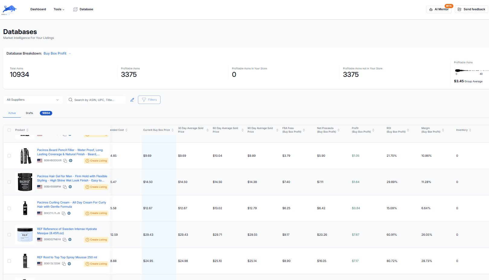 Apex product database table with prices, ranks and profit