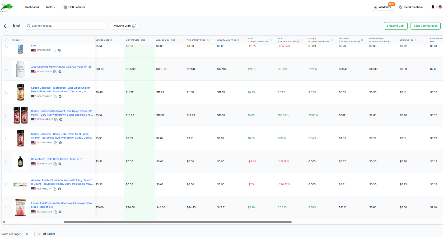 Apex Green UPC scanner results with cost, price, profit and ROI columns