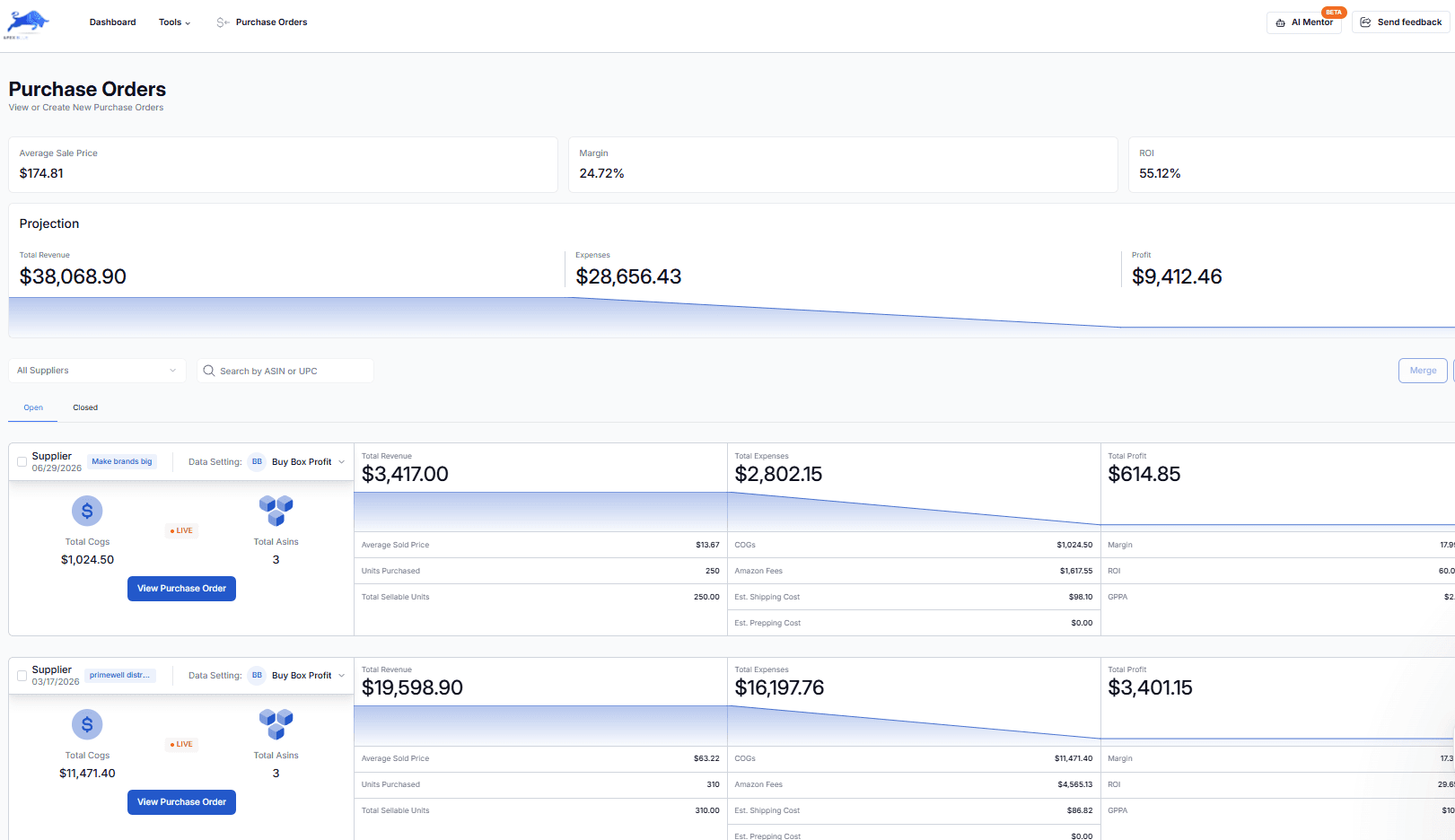 Apex Blue purchase orders list with projected revenue, profit and ROI