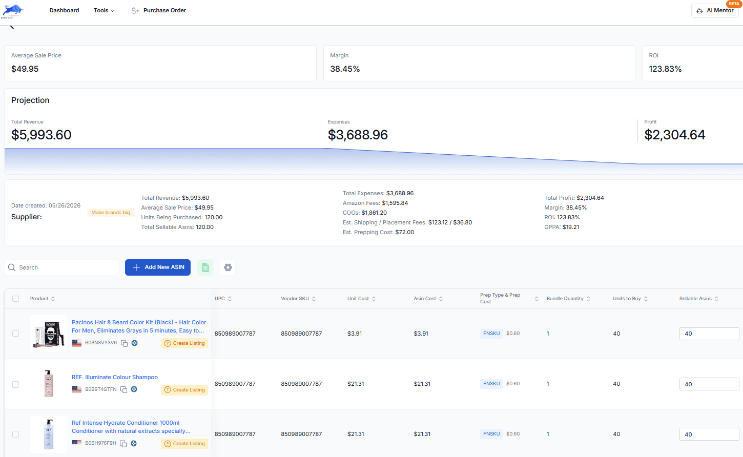 Apex purchase order summary listing Amazon fees, cost of goods, estimated shipping and placement fees, and prep cost above the order's product lines