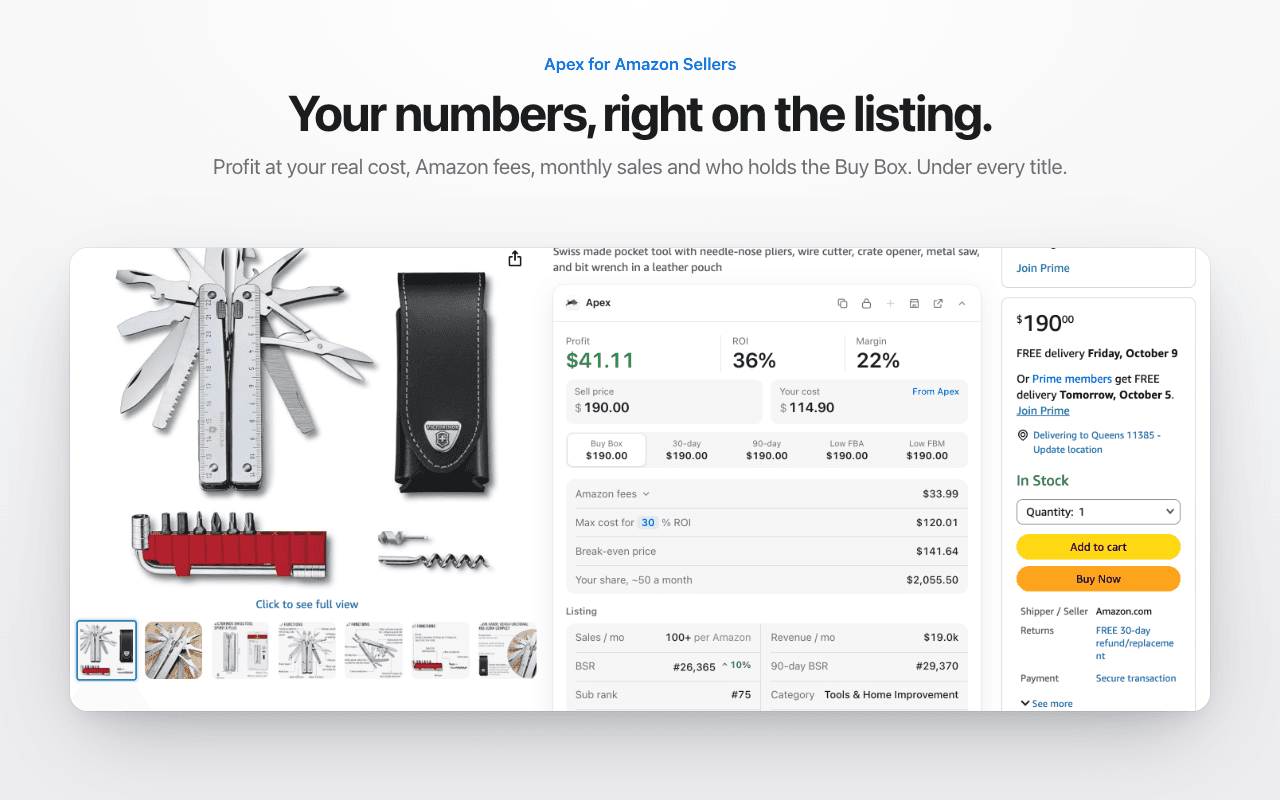 Apex for Amazon Sellers panel on an Amazon product page showing profit, fees and monthly sales