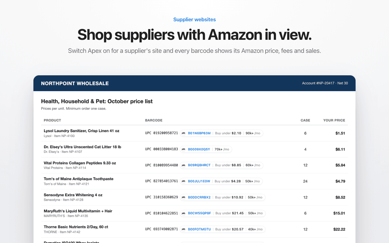 Apex for Amazon Sellers overlay on a supplier website price list