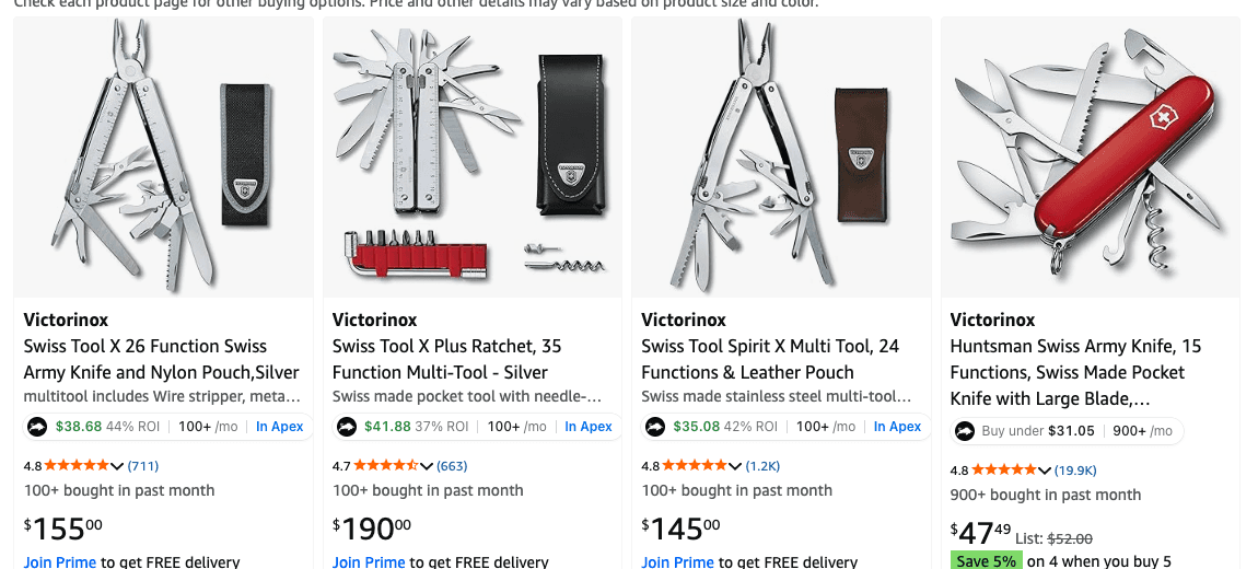 Apex for Amazon Sellers search result badges with profit and monthly sales