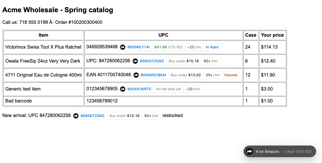 Apex for Amazon Sellers barcode overlay on a supplier site
