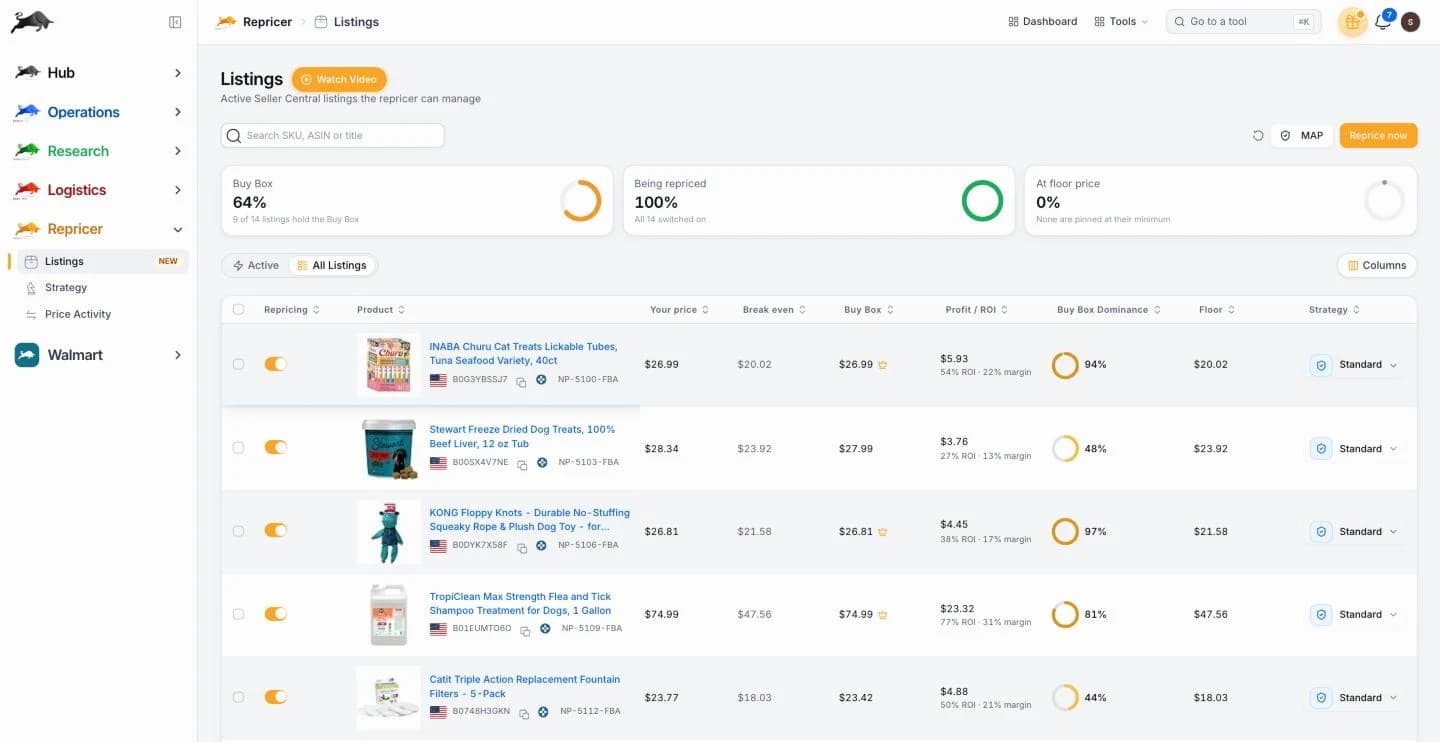 Apex Gold listings: each product with its price, break-even, Buy Box price, profit and ROI, Buy Box share, floor and strategy, with the repricing switch on
