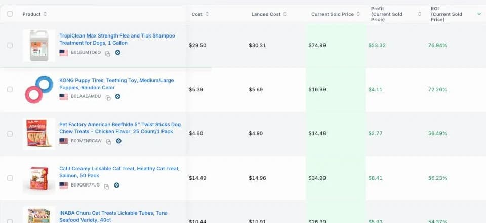 Close-up of UPC Scanner results: product, cost, landed cost, current Amazon price, profit and ROI for each line