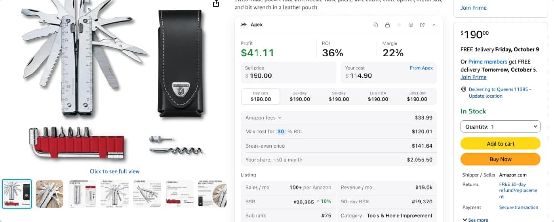 Apex for Amazon Sellers panel under an Amazon product title: profit, ROI, margin, Buy Box and 30 and 90 day prices, Amazon fees, the most you can pay, break-even and monthly sales