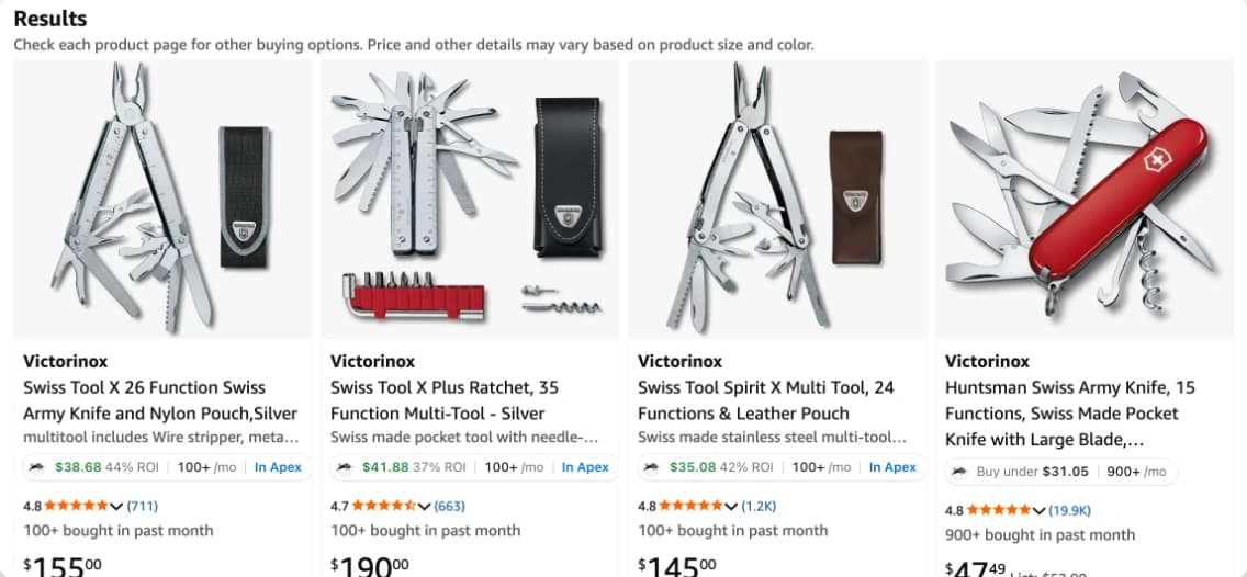 Amazon search results with an Apex badge under each one: profit and ROI where Apex knows the cost, the most to pay where it does not, and monthly sales
