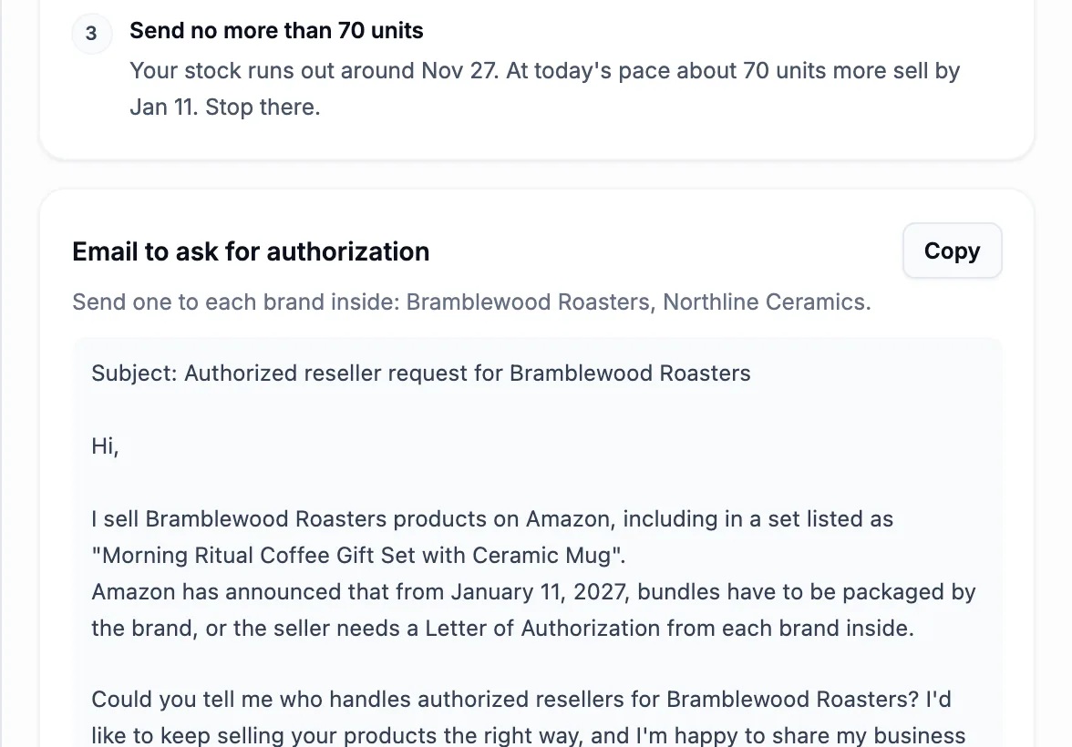 The authorization email Bundle Watch writes for a sample listing