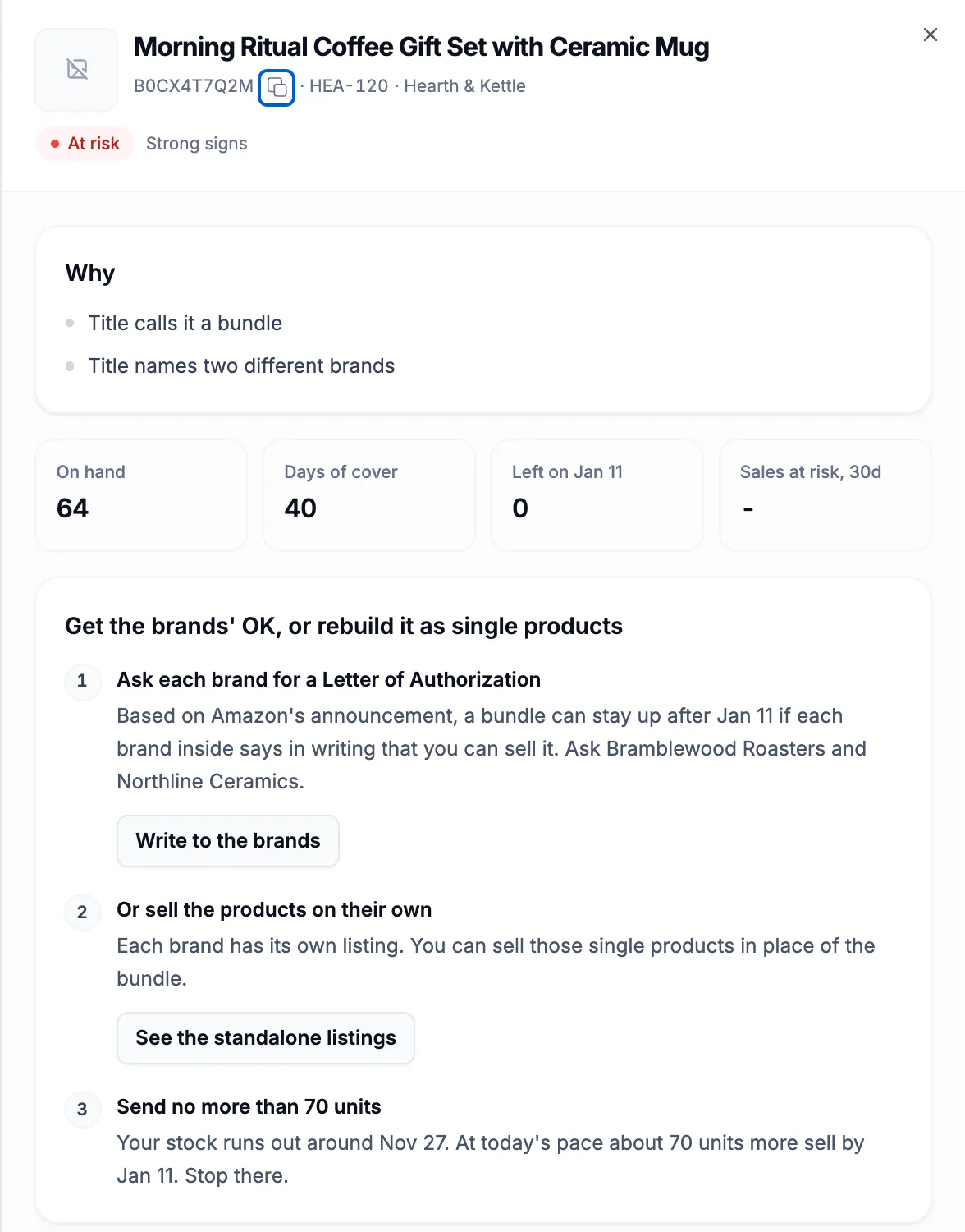 One sample listing open in Bundle Watch, with the reasons, stock and a step by step plan