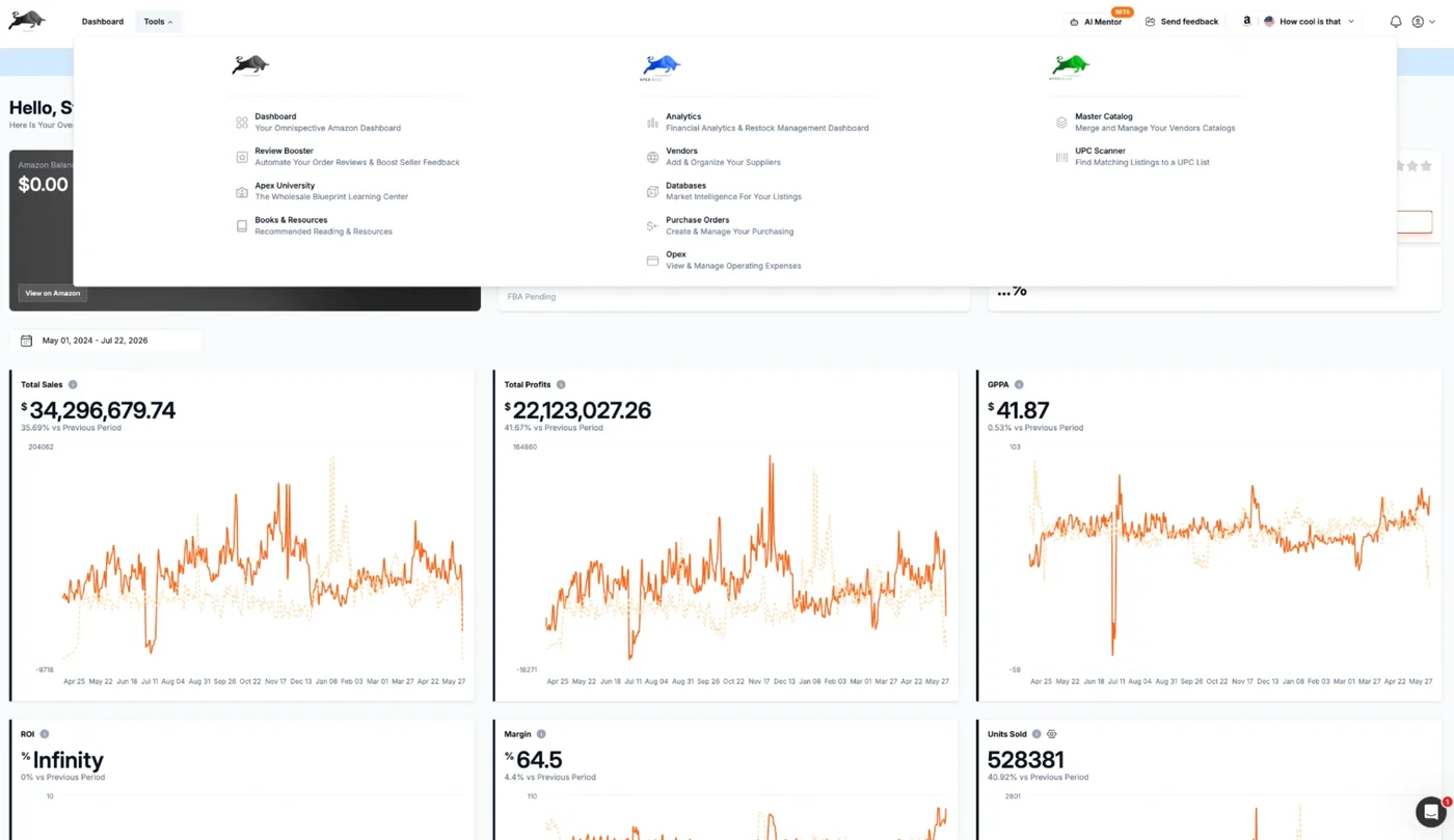 The Apex dashboard showing analytics and the tools menu