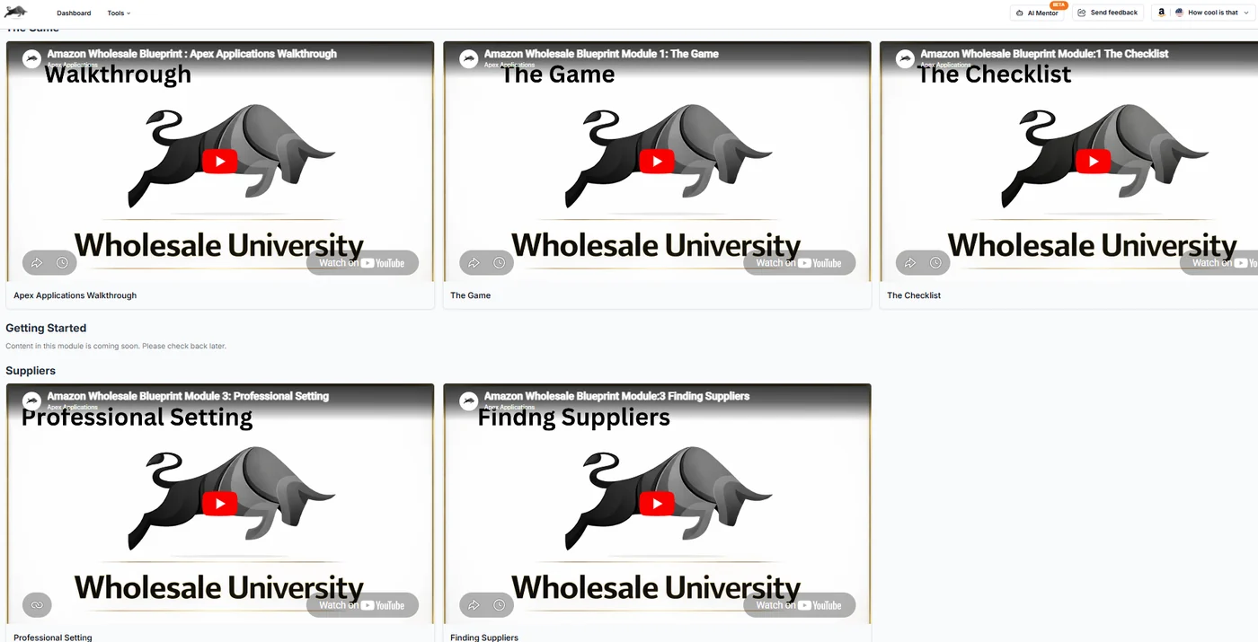 The Apex University module list, showing the course videos inside the app